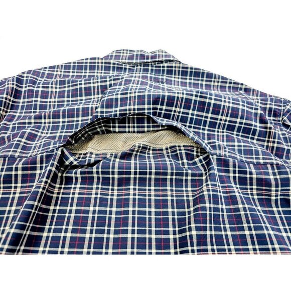 Duluth Size Large Mens Navy Tan Red Check Zip Pocket Back Vent Button Down Shirt - Picture 7 of 11